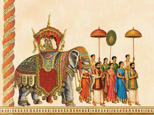 Hand-painted wedding procession with elephant and umbrella bearers