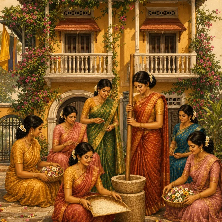 Family preparing a traditional feast together in a flower-filled courtyard