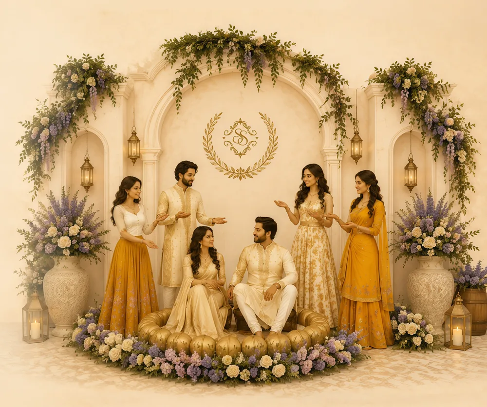 Family gathered on a golden dais for the haldi, framed by garlands