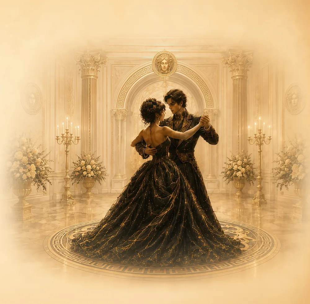 A couple dancing in a candlelit ballroom on the sangeet evening