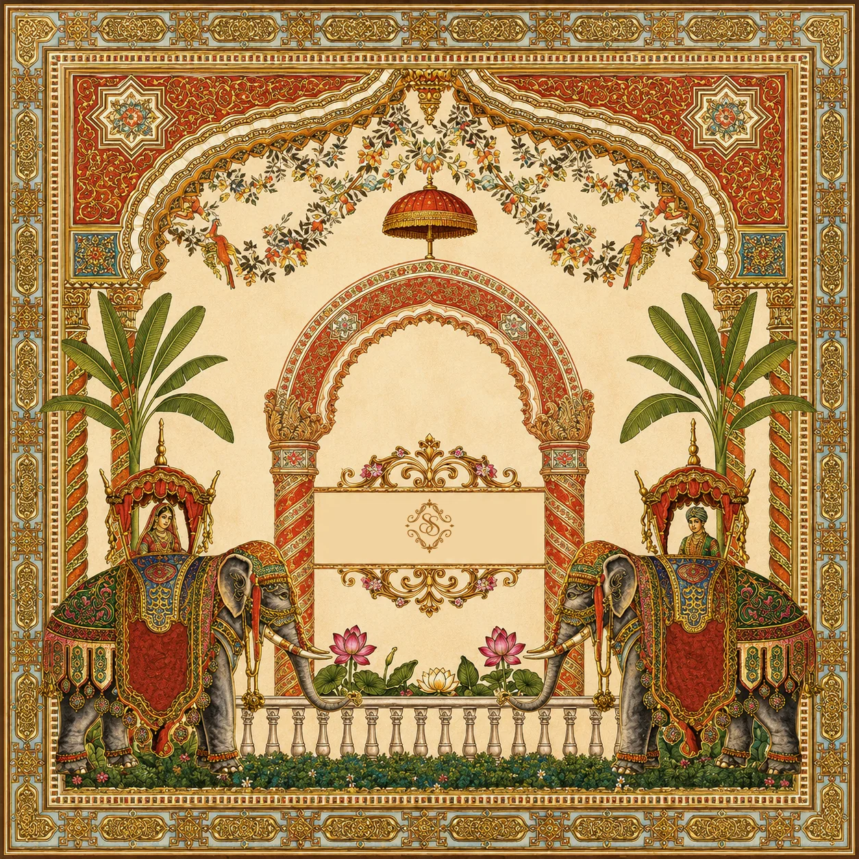 The printed wedding invitation: two royal elephants beneath a vermillion arch